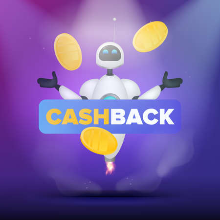 White flying robot and gold coins in the air. Cashback concept. For the topic of saving and returning money. Realistic style. Vectorの写真素材