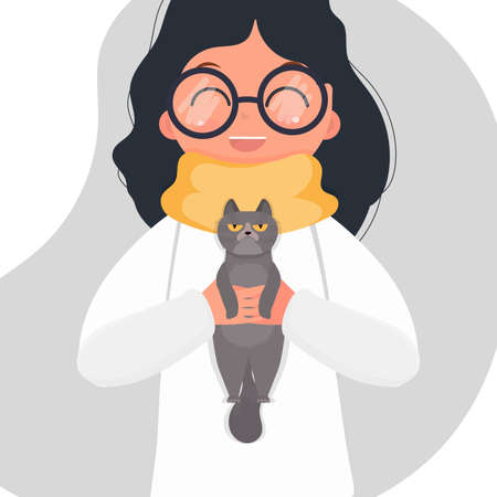 Happy preschool child girl holding a cat in her arms. Children's cartoon character with a cat. Flat vector isolated illustrations.のイラスト素材