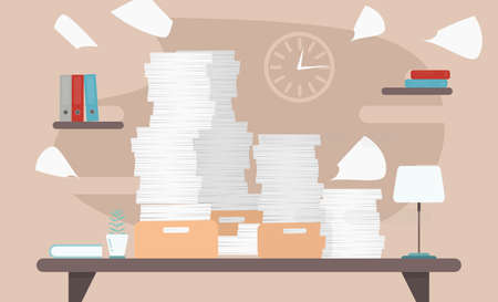 Pile of paper documents and file folders. Carton boxes. Bureaucracy, paperwork, office. Vector...