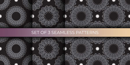 Set of black-gray seamless patterns with luxury decorative ornaments. Good for murals, textiles, and printing. Vector illustration.の写真素材