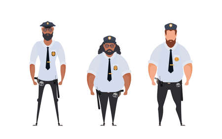 Set Police officer in uniform standing in front view. Profession people concept. Job at police...