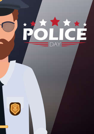 Police day banner. Policeman on the background of the flag. cartoon style.のイラスト素材