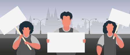 A group of men with a banner in their hands against the backdrop of the city. protest concept....