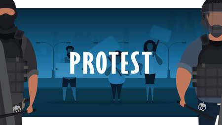 Police against the protest. A group of men with a banner in their hands against the backdrop of the...
