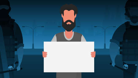 A man with an empty banner in his hands against the backdrop of the city. protest concept. cartoon...