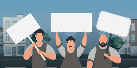 A group of men with banners came out to protest. cartoon style. vector illustration.のイラスト素材