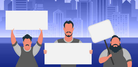 A group of men with banners in their hands are protesting. Prosky style. vector illustration.のイラスト素材
