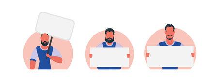 Group of Guys with blank banner isolated on white background. Cartoon style. Vector illustration.のイラスト素材