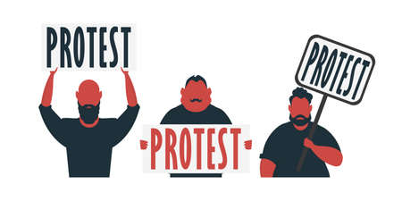 Group of Men with protest banner isolated on white background. cartoon style. vector illustration.のイラスト素材