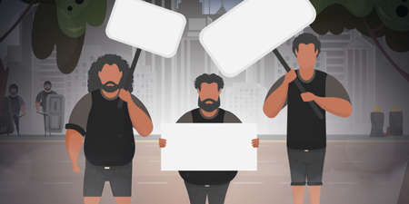 Three men protest on the street. Police, burning barrels, protest. Vector.