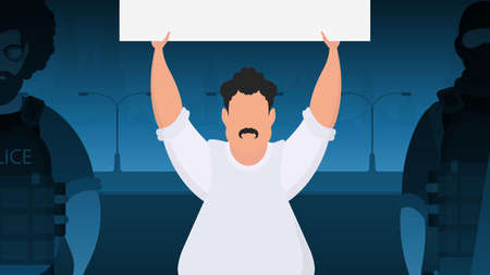 A man with a white empty banner in his hands. protest concept. vector illustration. cartoon style.