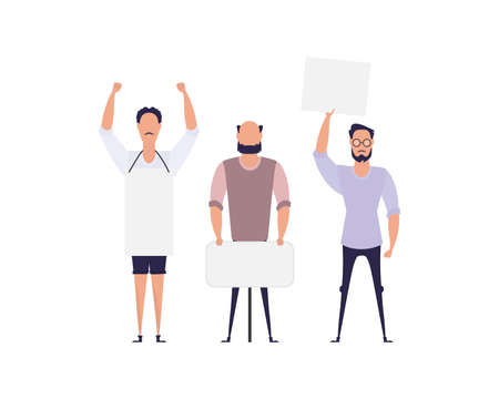 Protesting men with an empty banner. isolated on white background. Flat style, vector.