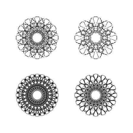 Set of four ethnic round mandala ornaments isolated on white background. vector illustration. geometric flower.のイラスト素材