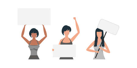 A set of Women in full growth with a banner in their hands. isolated. flat style. Vector.