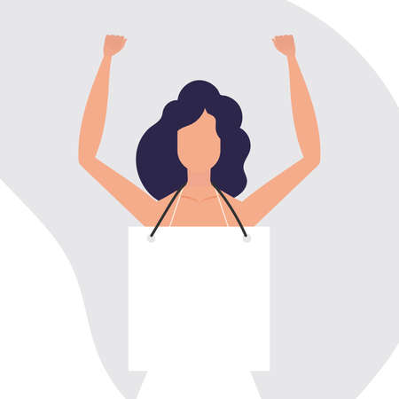 Pretty girl with an empty banner in her hands. The concept of expressing thoughts, dissatisfaction and protests. flat style. Vector.のイラスト素材
