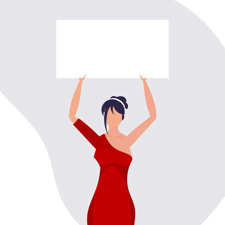 A cute girl is protesting with a banner. The concept of expressing thoughts, dissatisfaction and protests. flat style. Vector.のイラスト素材