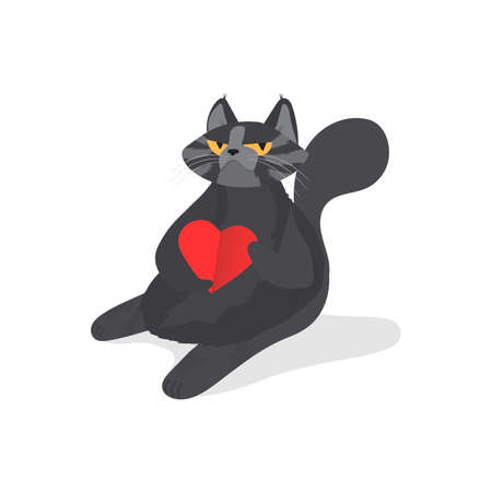 Funny gray cat. A cat with a serious look. A chubby cat sits funny with a heart in its paws. Good for designer cards or t-shirts. vector illustrationのイラスト素材