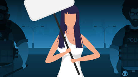 A woman with a banner on the background of the city. protest concept. vector illustration.のイラスト素材