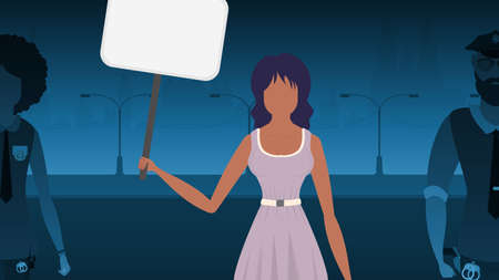 A woman protests with a banner against the backdrop of the city. The concept of expressing thoughts, dissatisfaction and protests. vector illustration.のイラスト素材