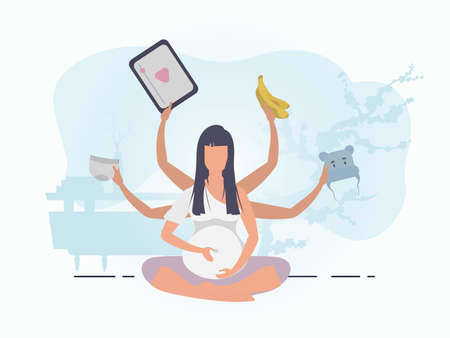 Yoga for pregnant women. happy pregnancy. Postcard or poster in gentle colors for you. Flat vector illustration.のイラスト素材