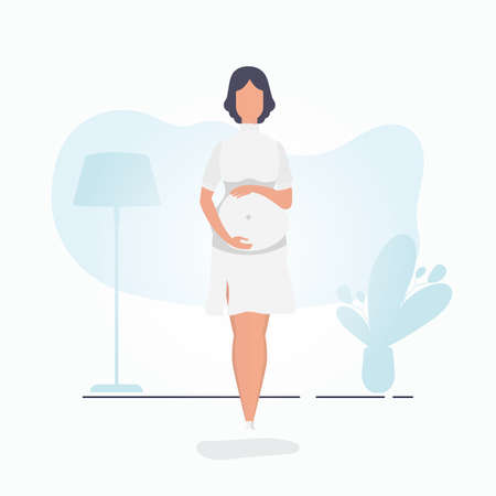 Pregnant girl in full growth. Well built pregnant female character. Postcard or poster in gentle colors for your design. Vector illustration in cartoon style.のイラスト素材