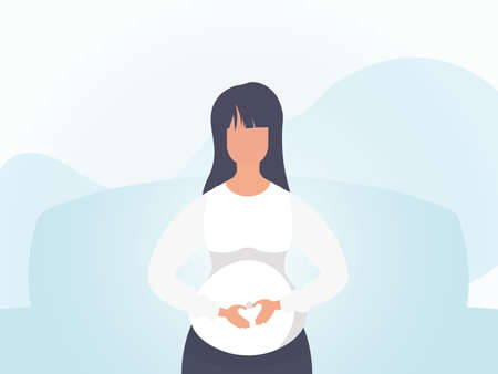 A pregnant girl holds her hands on her stomach. Banner in soft colors. Vector.のイラスト素材