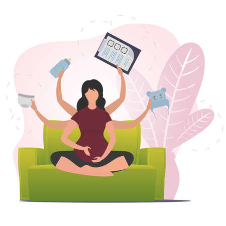 Pregnant girl in the lotus position. Pregnant woman practicing yoga. cartoon style.のイラスト素材