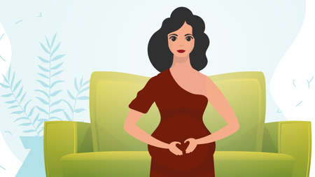 A pregnant woman is holding her stomach. Pregnancy and motherhood. cartoon style.のイラスト素材