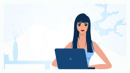 Girl working on laptop Freelance or study concept. vector illustration.のイラスト素材