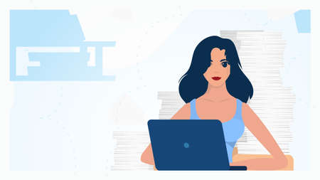 Girl working on laptop Freelance or study concept. Cute illustration in flat style.のイラスト素材