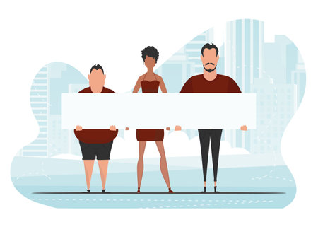 A group of people came out to protest. Banner in blue tones. Cute illustration in flat style.のイラスト素材