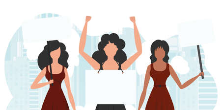 A group of girls came out to protest. Banner in blue tones. Cute illustration in flat style.のイラスト素材