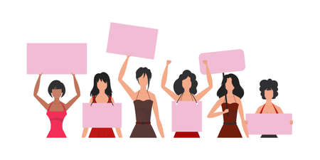 A large set of girls who came out to protest. The rebellious girl is shown to the waist. isolated. vector in cartoon style.のイラスト素材