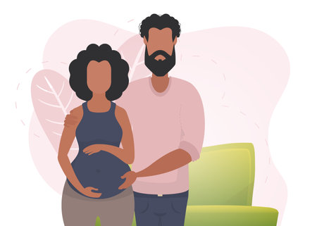 A man hugs a pregnant woman. Poster on the theme Young family is waiting for the birth of a child. Positive and conscious pregnancy. vector illustration.のイラスト素材