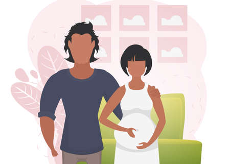 Man and pregnant woman. Banner on the theme Young family is waiting for the birth of a child. happy pregnancy. vector illustration.のイラスト素材