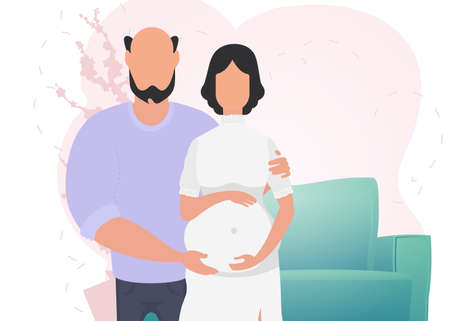 Man and pregnant woman. A poster on the theme of a child's steam jet. happy pregnancy. Vector illustration in a flat style.のイラスト素材