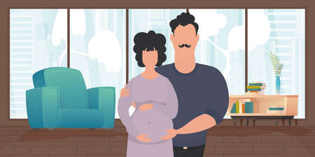 Man and pregnant woman. Poster on the theme Young family is waiting for the birth of a child. happy pregnancy. Vector illustration in a flat style.のイラスト素材