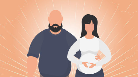 Pregnant woman with her husband. Banner on the theme Young family is waiting for the birth of a child. happy pregnancy. Vector illustration in a flat style.のイラスト素材