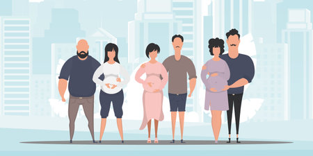 Healthy pregnancy. A group of families who are going through pregnancy. A young family is expecting a baby. Cute illustration in flat style.のイラスト素材