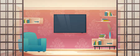 Home interior with hallway entrance and furniture. Bright hall, living room with armchairs and carpet.のイラスト素材