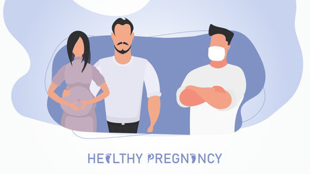 Healthy pregnancy banner. Pregnant woman and her man at the doctor's office. Vector illustration design.のイラスト素材
