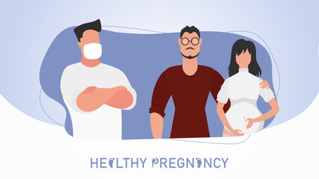 Healthy pregnancy banner. A pregnant woman and her man came to the doctor. vector illustration.のイラスト素材
