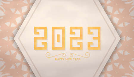 2023 beige Postcard with ornaments. New Year theme. Vector.