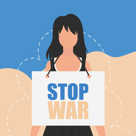 A girl of Ukrainian nationality holds a poster with the inscription Stop the war. vector...