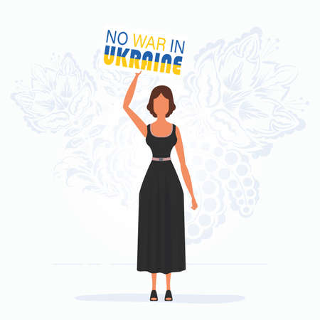A girl in full growth holds a poster with the inscription No to war in Ukraine. cartoon style.のイラスト素材