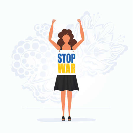 A girl in full growth holds a poster with the inscription Stop the war. flat style.のイラスト素材