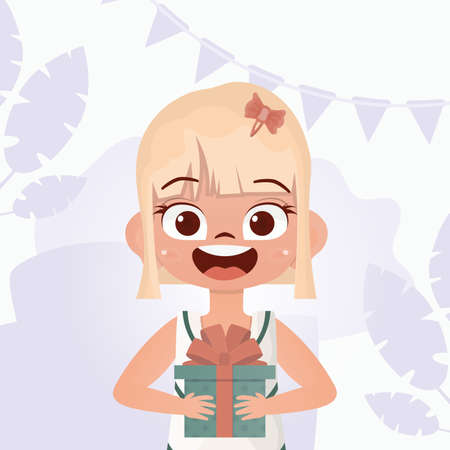 The child received a gift. Joyful girls child holding a gift box. vector illustration.のイラスト素材