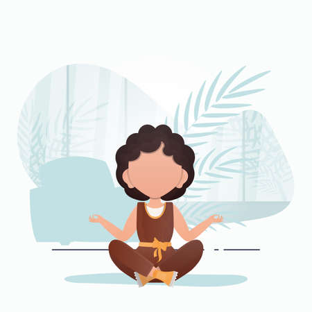 Little girl doing yoga in the lotus position. Cute yoga, mindfulness and relaxation. Vector.のイラスト素材