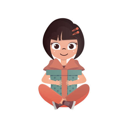 Little Girl sits in a lotus position with a gift in her hands. Isolated on white background. Vector.のイラスト素材