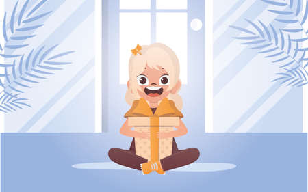 A happy girl sits in a lotus position with a gift in her hands. Vector illustration.のイラスト素材